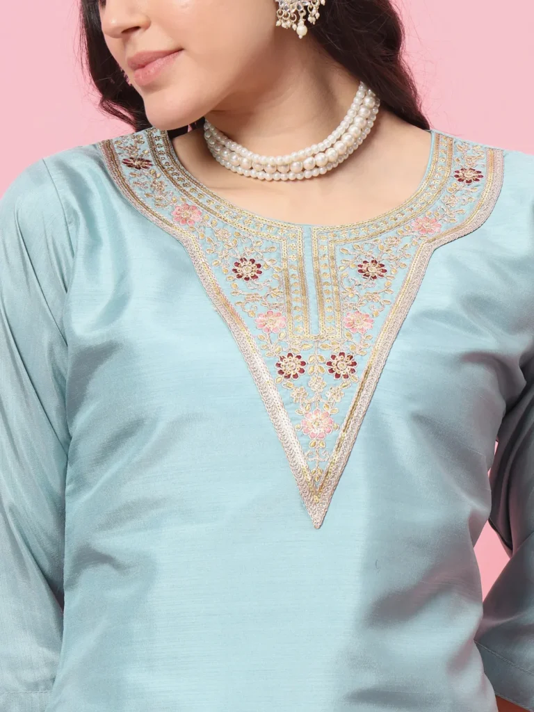 Tushi Womens Silk Blend Embroidered Kurta Pant Set with Dupatta Elegant Ready to Wear | VICORA