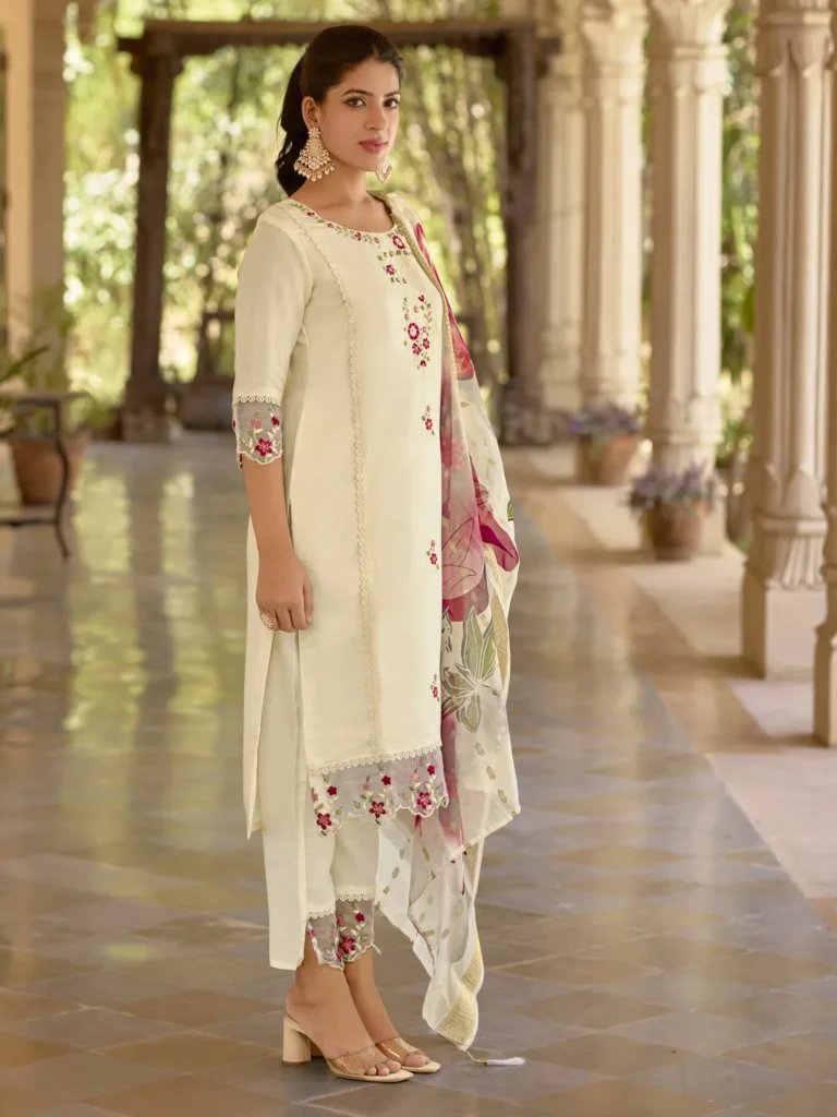 Aadhira Viscose Roman Silk Calf Length Kurta Set Dupatta | VICORA
