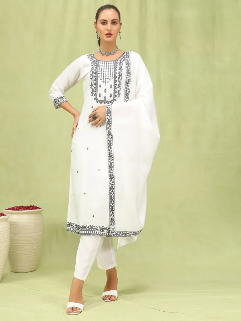 Hansika Women’s Viscose Roman Silk Embroidery Straight Kurta Pant with Dupatta Set | VICORA