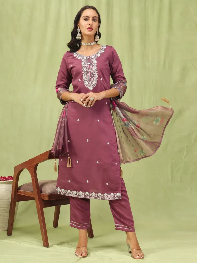 Paavani Viscose Roman Silk Embroidery Straight Kurta Pant with Organza Dupatta Set | VICORA