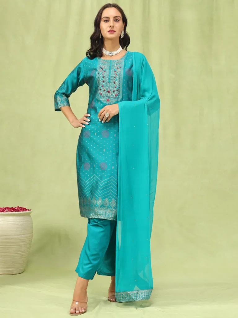 Kavya Women Cotton Silk Blend Kurta and Pant Sets with Handwork and Dupatta | VICORA