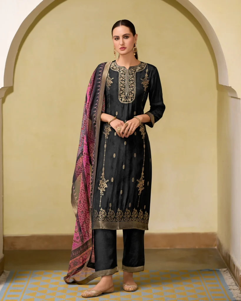 Gunjika Viscose Self Jacquard Women Kurta and Trouser Duppata Set | VICORA