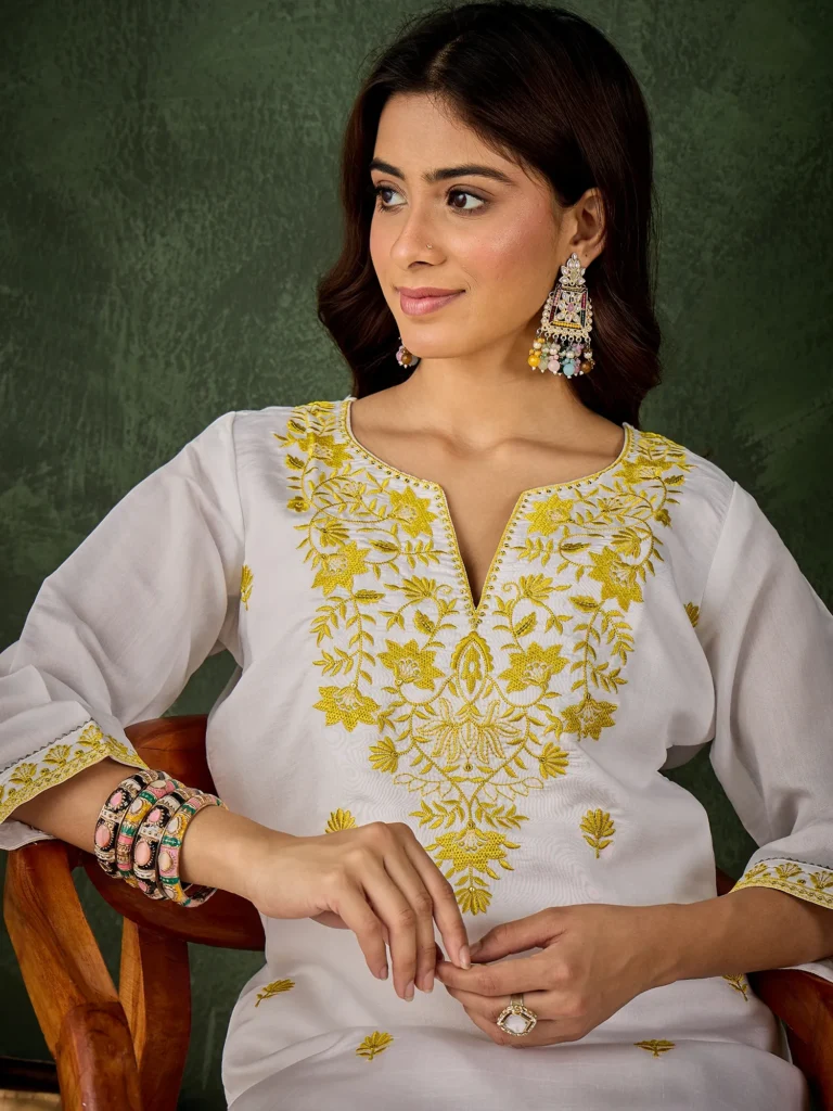Baani Women's Silk Blend Embroidered Straight Kurta & Pant Set | VICORA