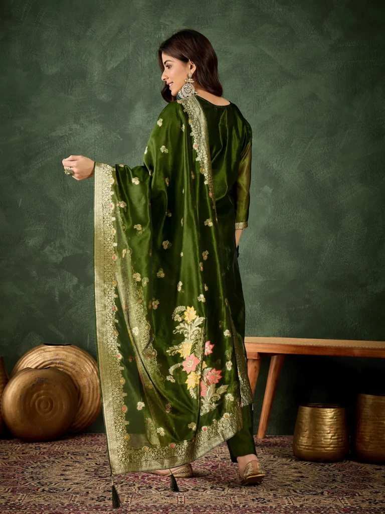 Eshanvi mehndi Embroidered Silk Blend Organza Meenakari Straight Suits With Dupatta | VICORA