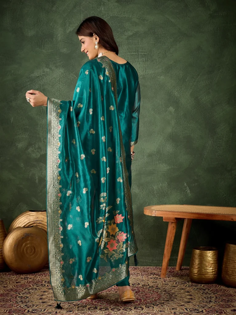 Eshanvi rama Embroidered Silk Blend Organza Meenakari Straight Suits With Dupatta | VICORA