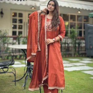 Nayera Peach Anarkali Kurta and Pant Dupatta Set | VICORA