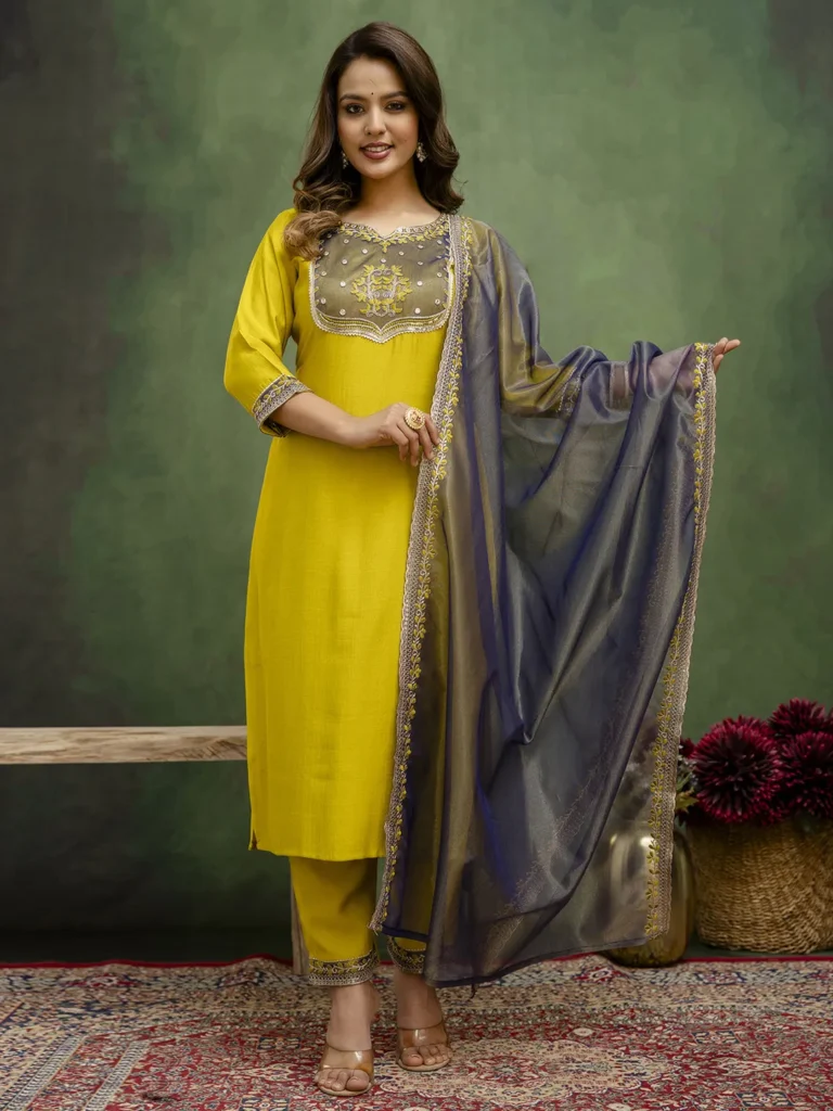 Andaz Mustard Women’s Silk Blend Embroidered Kurta Pant with Dupatta Set | VICORA