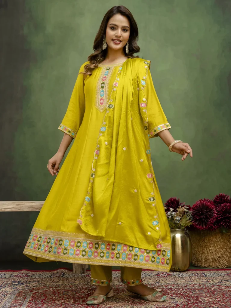 Kavisha Lemon Stylish Anarkali Kurta Set Ready to Wear Soft Silk Fabric with Embroidered Dupatta Tailored Fit | VICORA