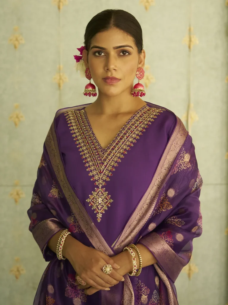 Apeksha Elegant Silk Blend Kurta Set with Beaded Embroidered Design & Organza Dupatta | VICORA