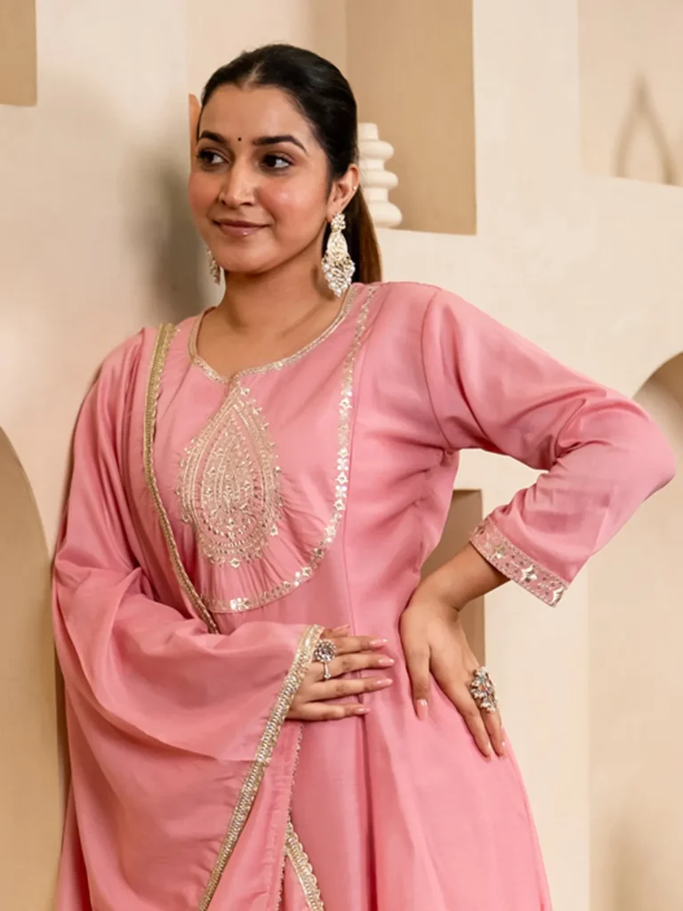 Zoya pink Anarkali Kurta and Pant Dupatta Set | VICORA