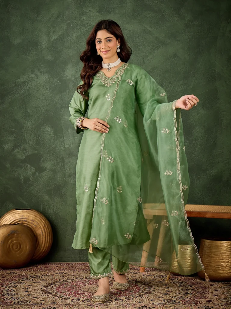 Rudrani Pista Silk Blend Anarkali Kurta with Trousers & Dupatta Suits | VICORA