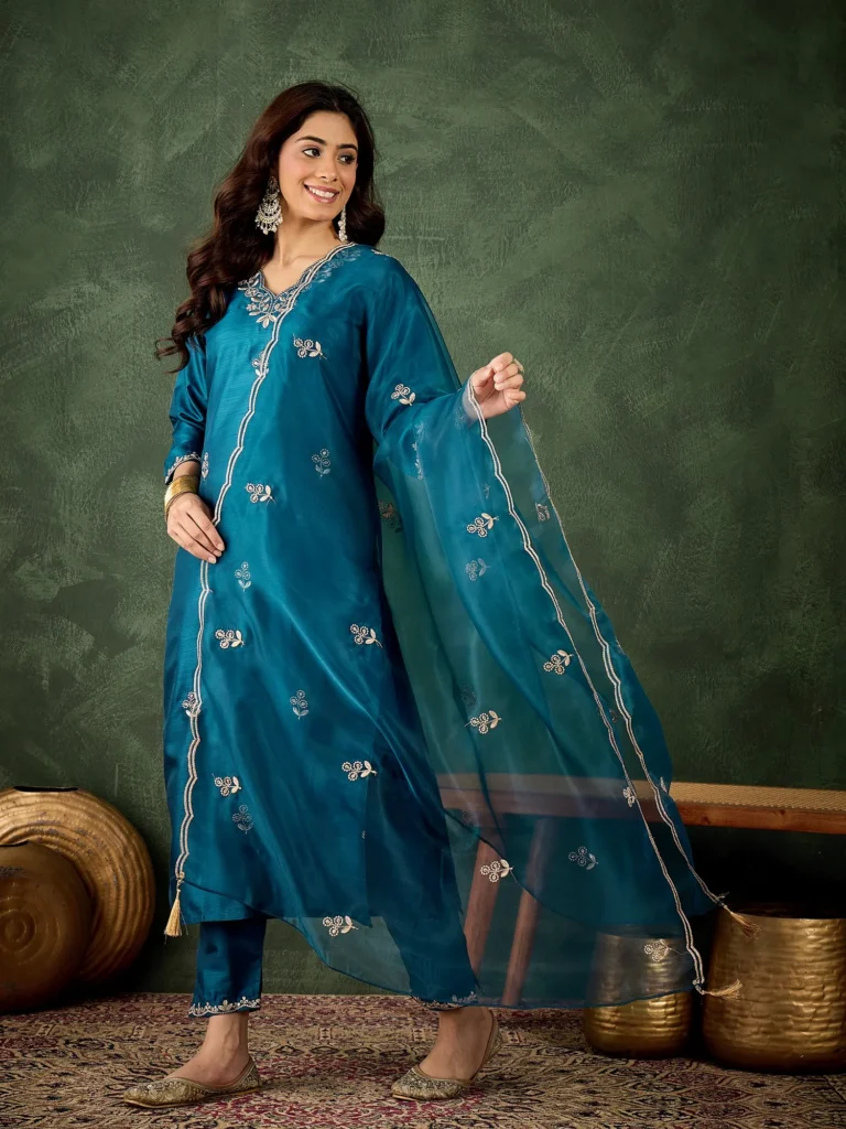 Eira Peach Women Kurta and Pant Dupatta Sets Silk Blend Fabrics with Embroidery Handwork | VICORA