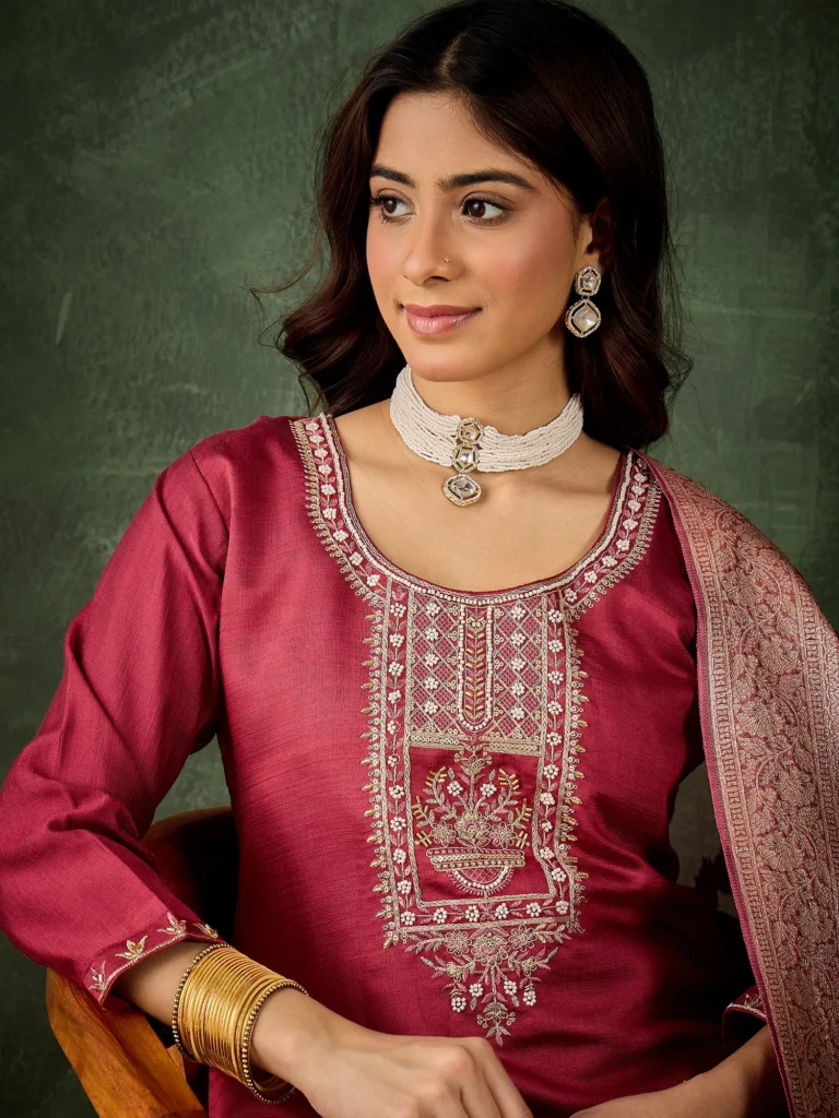 Myraa Lemon Women Kurta and Pant Dupatta Sets Chanderi Silk Fabrics with Embroidery | VICORA