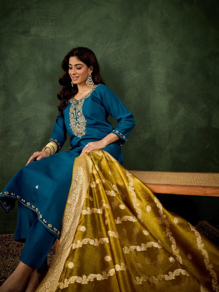 Tridha Rust Yoke Design Silk Blend Straight Suit With Dupatta | VICORA