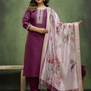 Teal Silk Blend Embroidered Straight Kurta Set with Trousers & Dupatta | VICORA