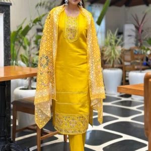 Buy Tivra Yellow Women Kurta and Pant Dupatta Sets Silk Fabrics with Embroidery Online | VICORA