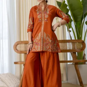 Buy Rust Designer Kurta Plazo Set Online | VICORA