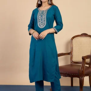 Buy Teal Elegant Embroidered Kurta Pant Set for Women Online | VICORA