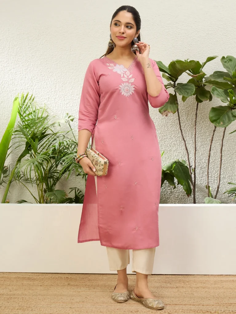 Buy Baby Pink Women Embroidered Silk Blend Straight Kurta Online | VICORA