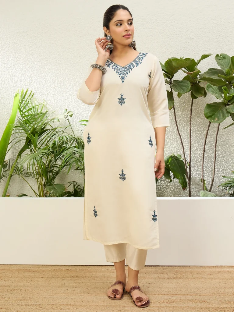 Buy Off White Women Embroidered Silk Blend Straight Kurta Online | VICORA