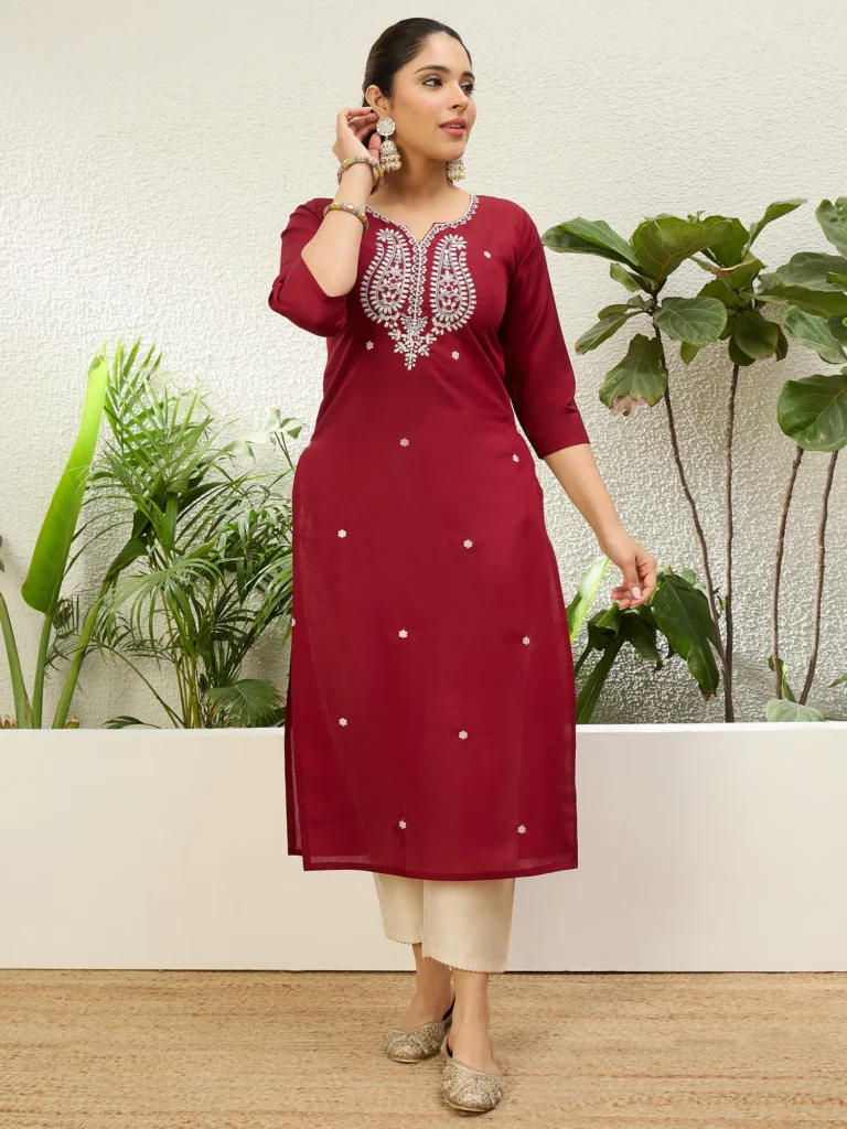 Buy Cherry Red Women Embroidered Silk Blend Straight Kurta Online | VICORA
