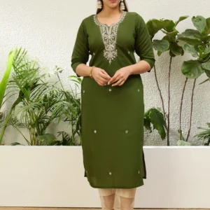 Buy Mehndi Women Embroidered Silk Blend Straight Kurta Online | VICORA