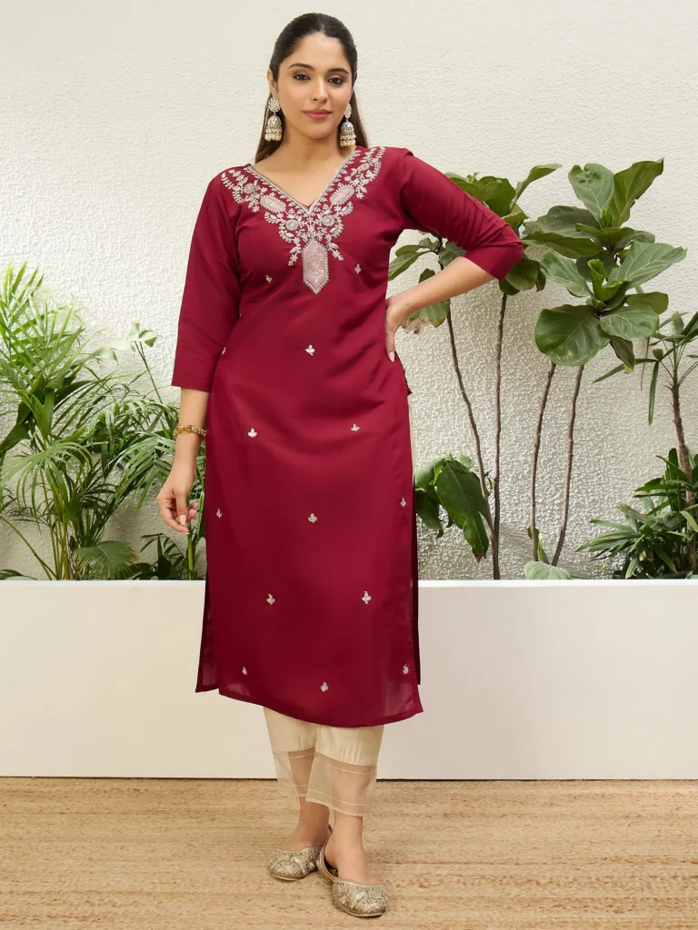 Buy Cherry-red Women Embroidered Silk Blend Straight Kurta Online | VICORA