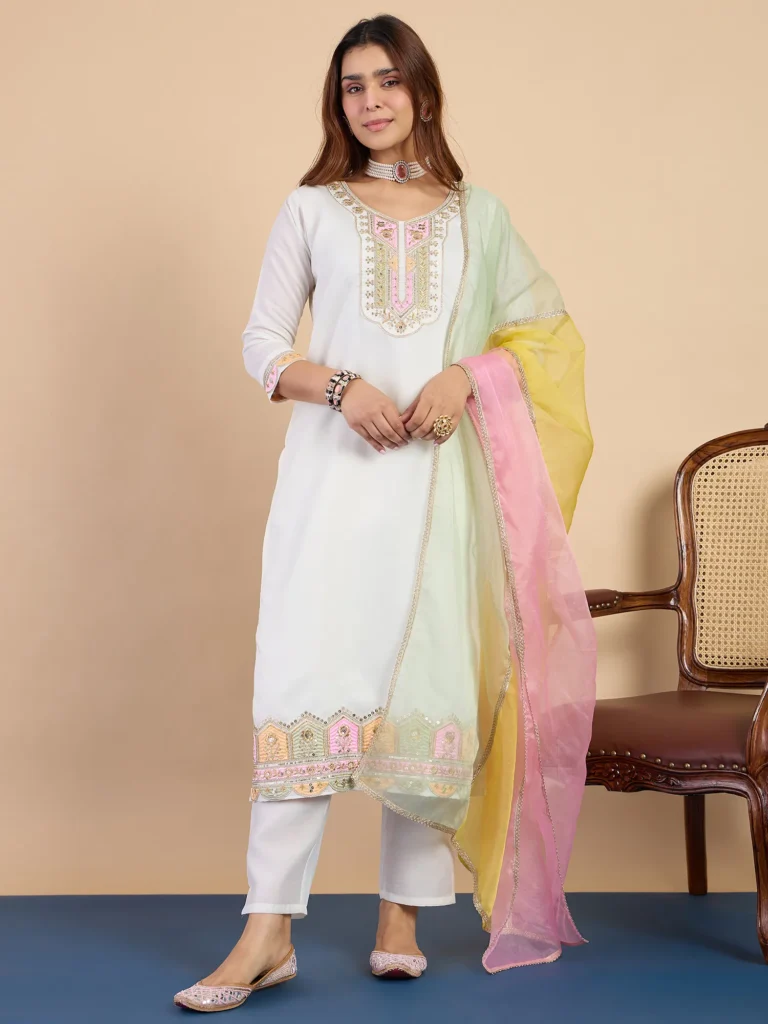 Buy Off-white Women’s Designer Kurta Pant Set Premium Pattern Collection Online | VICORA