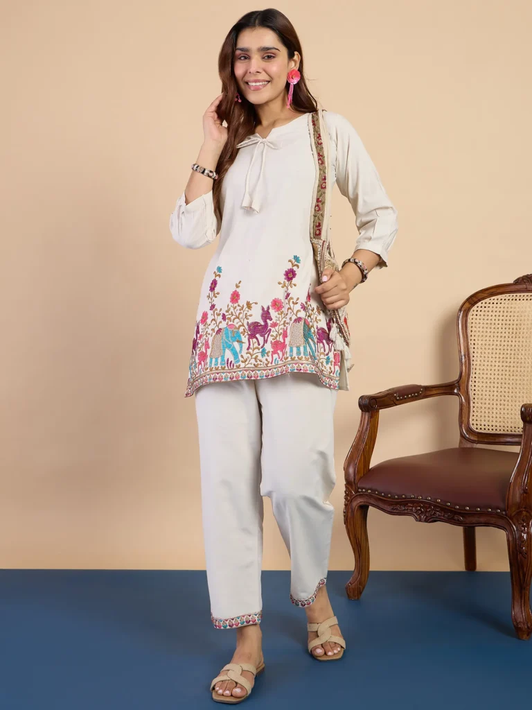 Buy Off-white Women’s Designer Kurta Pant Set Premium Pattern Collection Online | VICORA