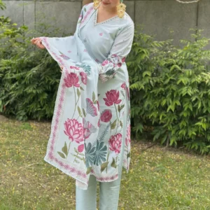 Buy Mist Sky Digital Printed Neck Handwork Women Kurta Sets With Dupatta Straight Suits Online | VICORA