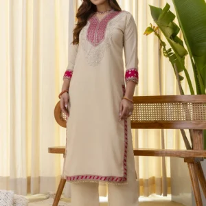 Buy Niyati Cream Embroidred Kurta Sets with Sequins Work Women Suits Online | VICORA