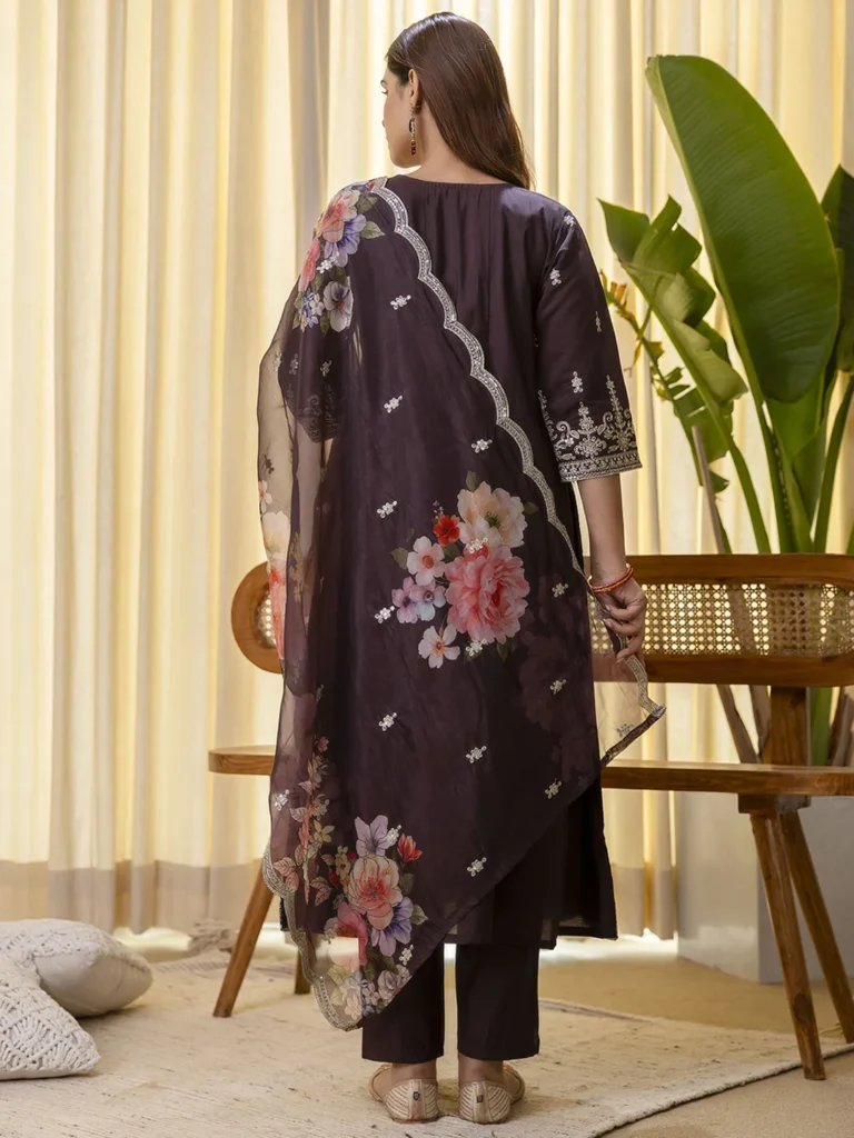 Buy Vireya Coffee Embroidred Kurta Sets with Sequins Work Women Suits Online | VICORA