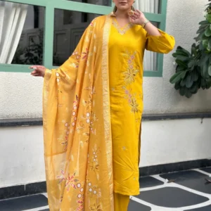 Buy Kivra Yellow Women Kurta and Pant Dupatta Sets Silk Fabrics with Embroidery Online | VICORA