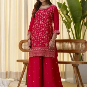Buy Rani Pink Silk Blend Embroidered with Sequins Straight Kurta Palazzo Dupatta Set Online | VICORA