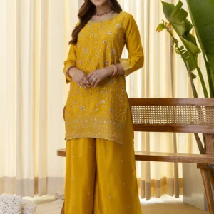 Buy Mustard Silk Blend Embroidered with Sequins Straight Kurta Palazzo Dupatta Set Online | VICORA